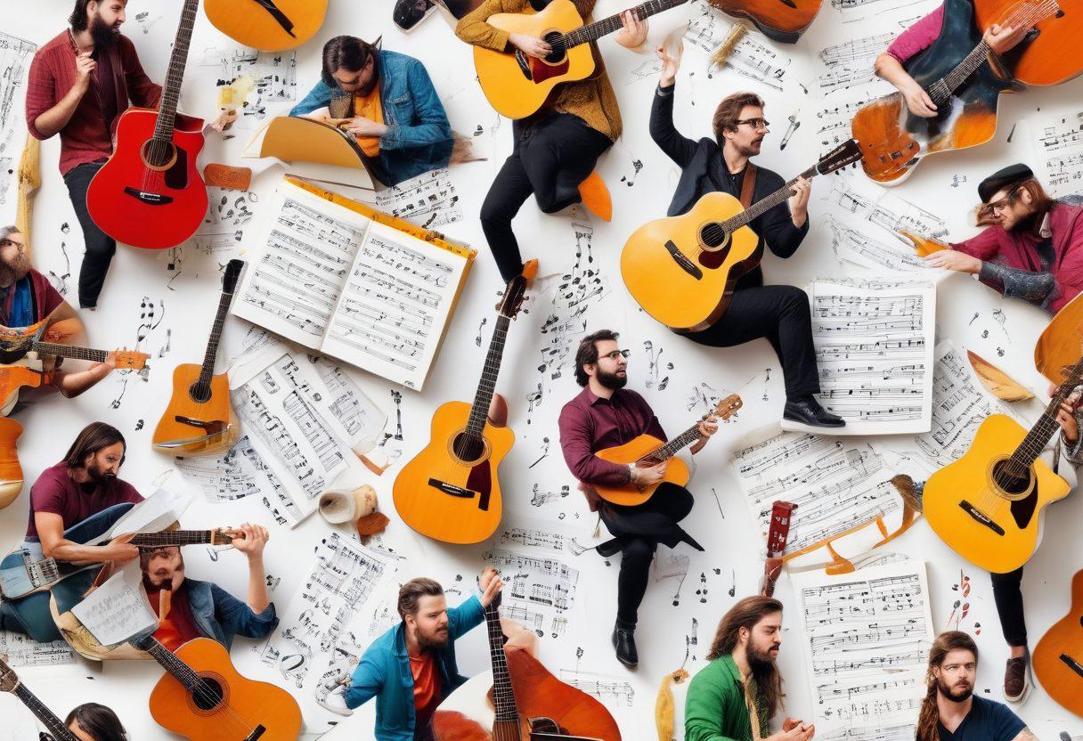 A vibrant collage depicting a diverse group of musicians and writers passionately engaged in their craft, surrounded by guitars and keyboards. Elements like notebooks, ink pens, and musical notes float around, symbolizing creativity and inspiration. A bright, abstract background showcases a blend of colors to evoke a sense of artistic expression. super-realistic. vibrant colors. white background.