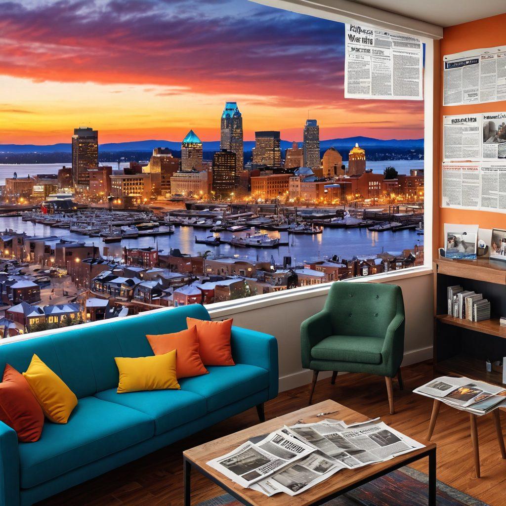 A collage of a vibrant Duluth skyline with a bustling local newspaper office on one side, and a cozy living room depicting a person sharing personal stories on a digital device on the other. Include elements like social media icons and digital content icons floating between the two scenes to symbolize the connection. The warm sunset in the background creates a sense of community and storytelling. super-realistic. vibrant colors. 3D.