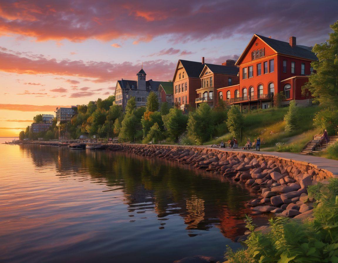 A scenic view of Duluth's waterfront, showcasing a colorful sunset over Lake Superior. The foreground features a diverse group of content creators engaged in storytelling, with cameras, notepads, and laptops. Lush greenery and historic architecture blend into the background, symbolizing community. Incorporate symbols of creativity like paintbrushes and video cameras scattered around. vibrant colors. super-realistic. 3D.